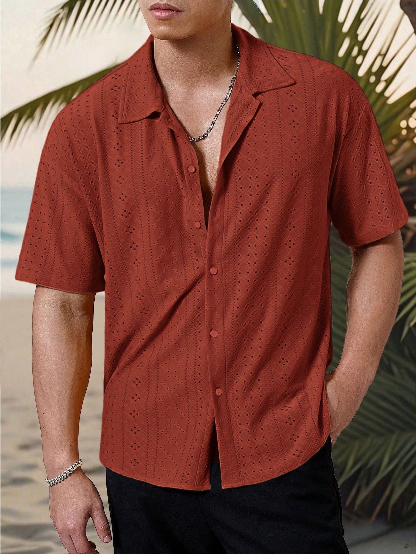 Men's Cutout Print Casual Button-Down Shirt To