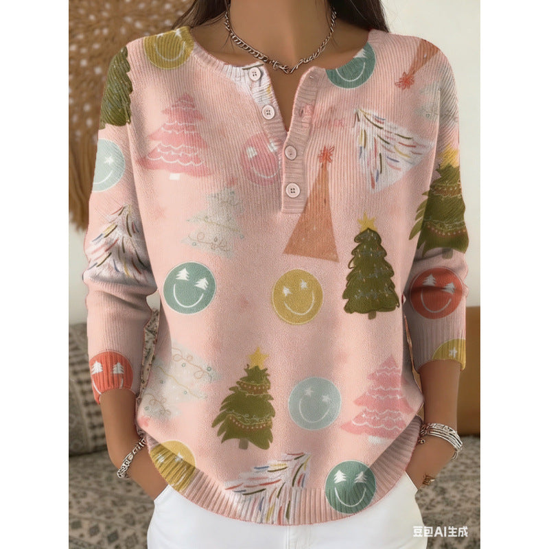 🔥This week's hot sale🔥Buttoned Christmas Tree Print Sweatshirt