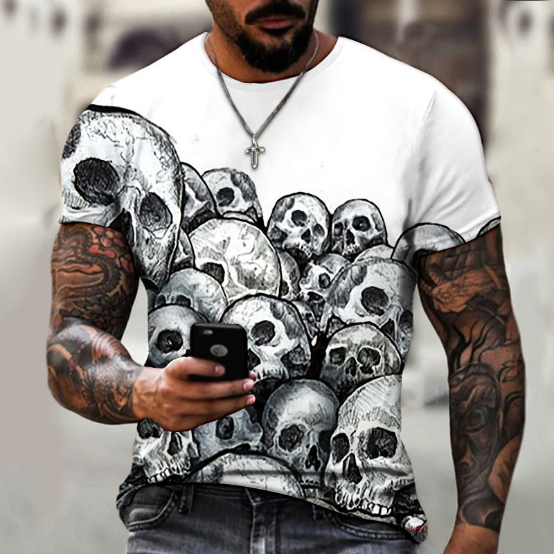 Men's dark horror skull print round neck T-shirt