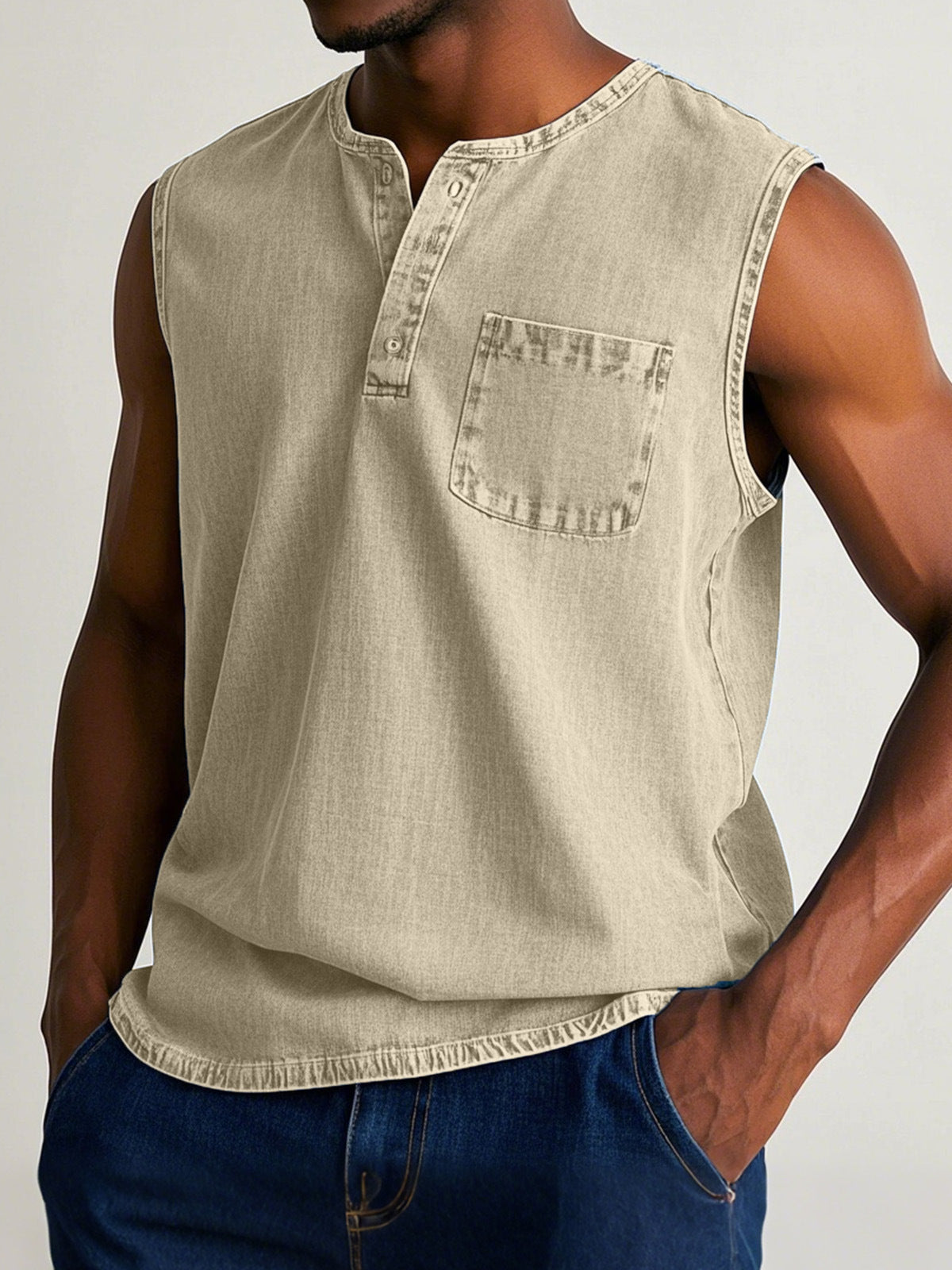 Men's solid color three-button sleeveless T-shirt