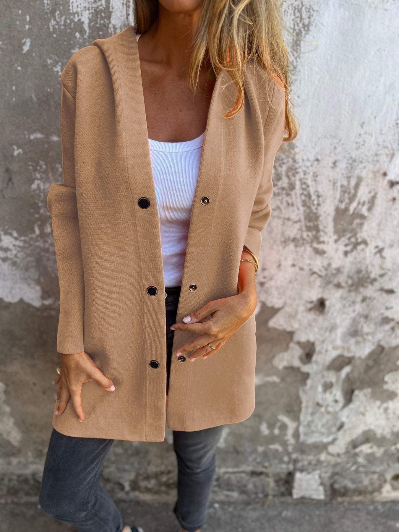 🔥This week's hot sale🔥Women's solid color casual single-breasted hooded jacket