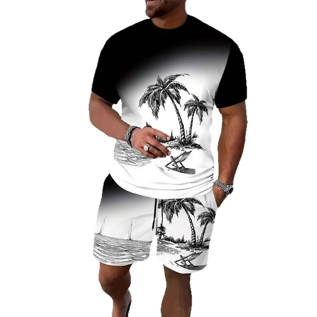Men's Casual Tropical Print T-Shirt and Shorts Set