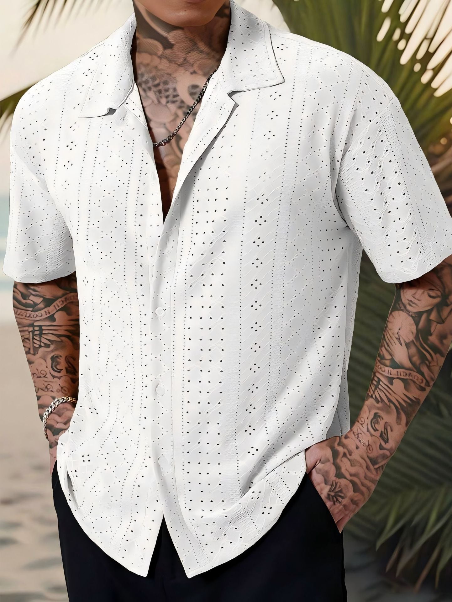 Men's Cutout Print Casual Button-Down Shirt To
