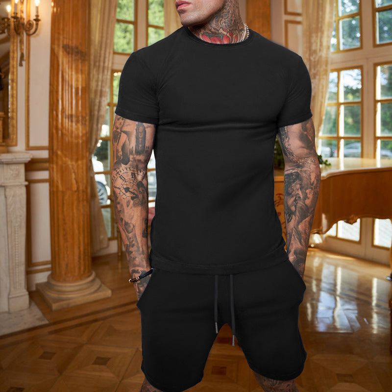 Men's summer solid color cotton round neck short sleeve shorts suit