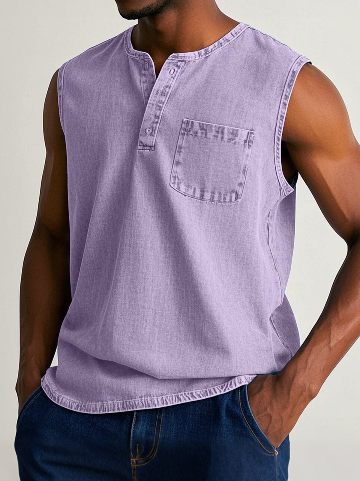 Men's solid color three-button sleeveless T-shirt