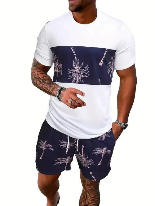 Men's Casual Tropical Print T-Shirt and Shorts Set