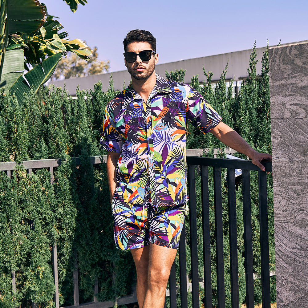 Men's Hawaiian Beach Floral Shirt and Shorts Two-Piece Set