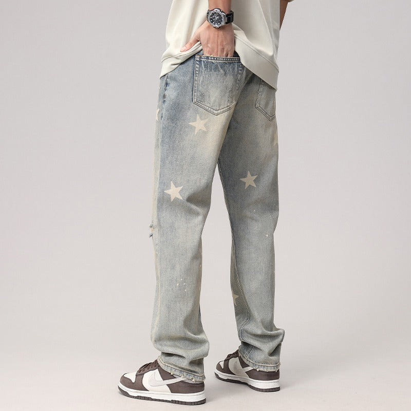 American high street yellow mud star print men's jeans