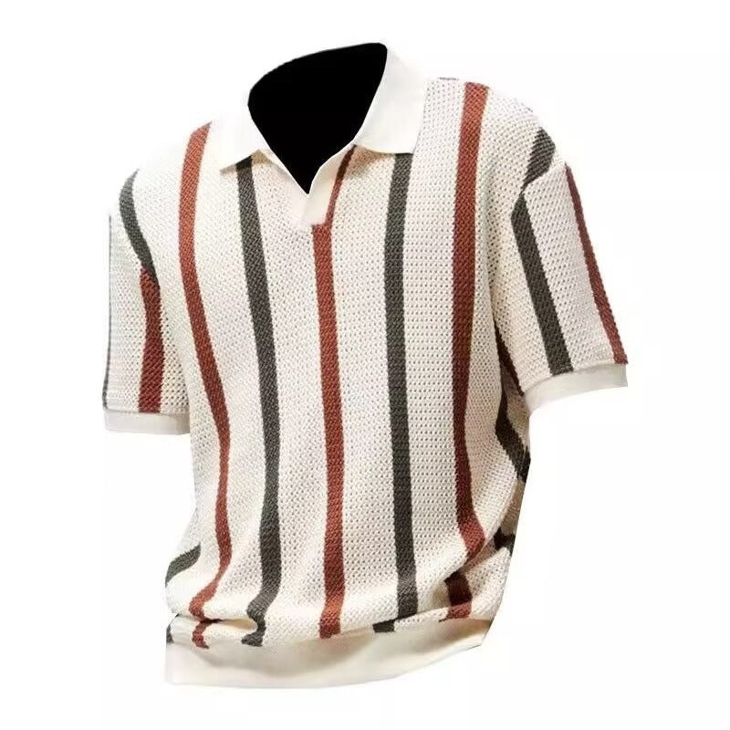Men's hollow striped contrast color business T-shirt