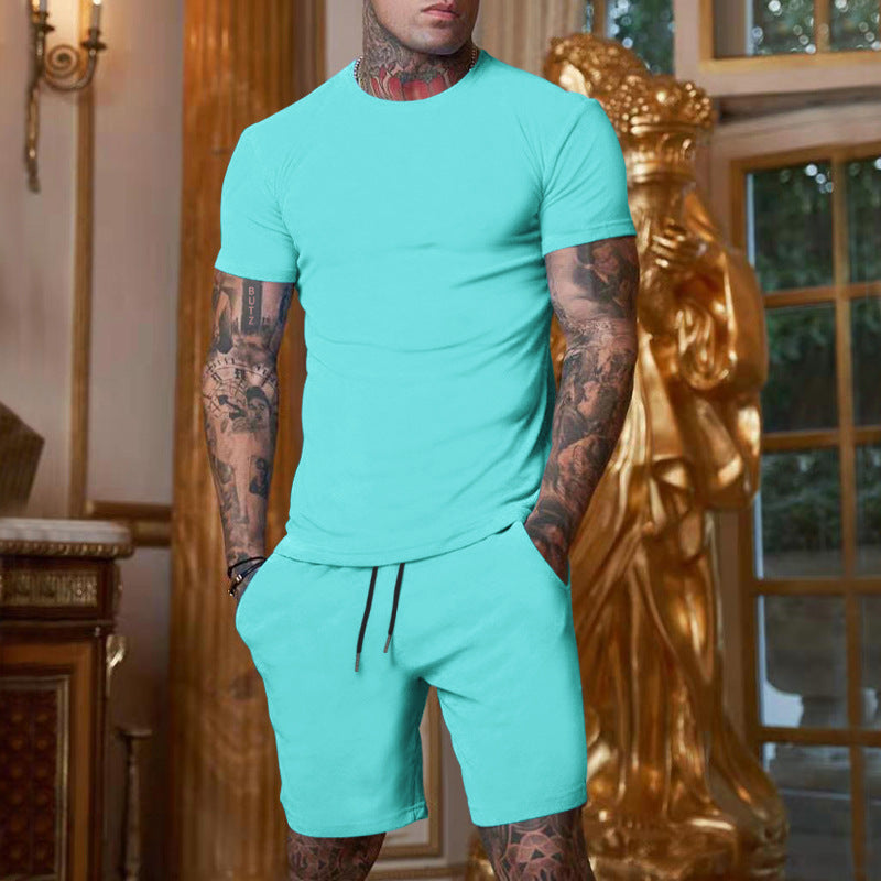 Men's summer solid color cotton round neck short sleeve shorts suit
