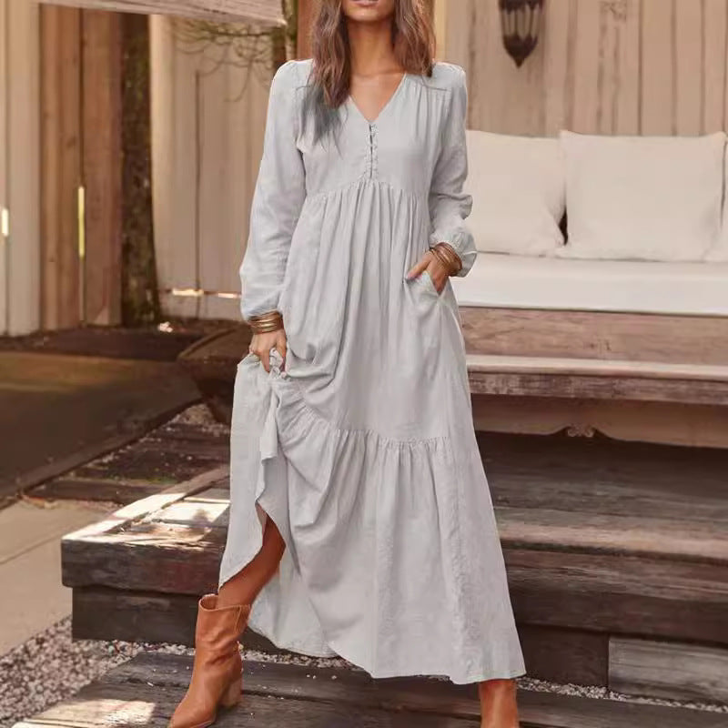 🔥This week's hot sale🔥Retro Cotton and Linen Casual Long-Sleeved Full Skirt Dress