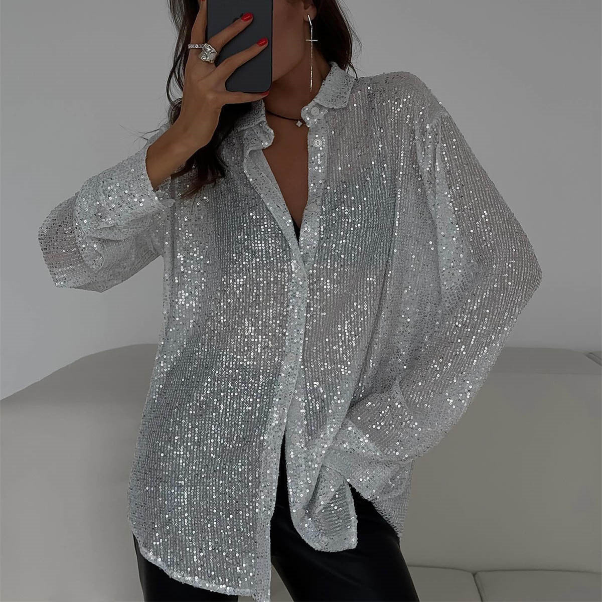 🔥This week's hot sale🔥Fashion Sequin Lapel Long Sleeve Loose Shirt