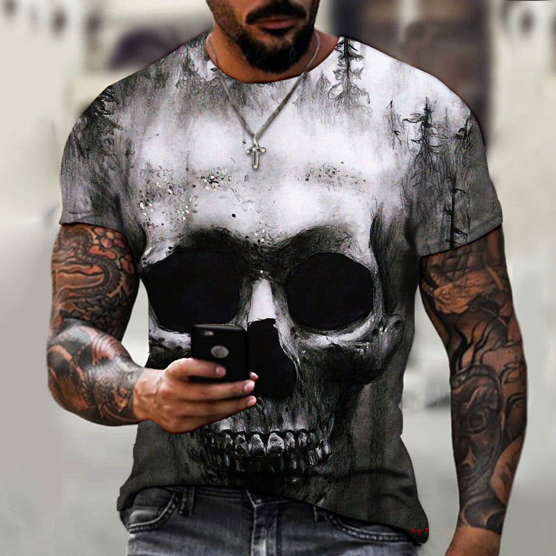 Men's dark horror skull print round neck T-shirt