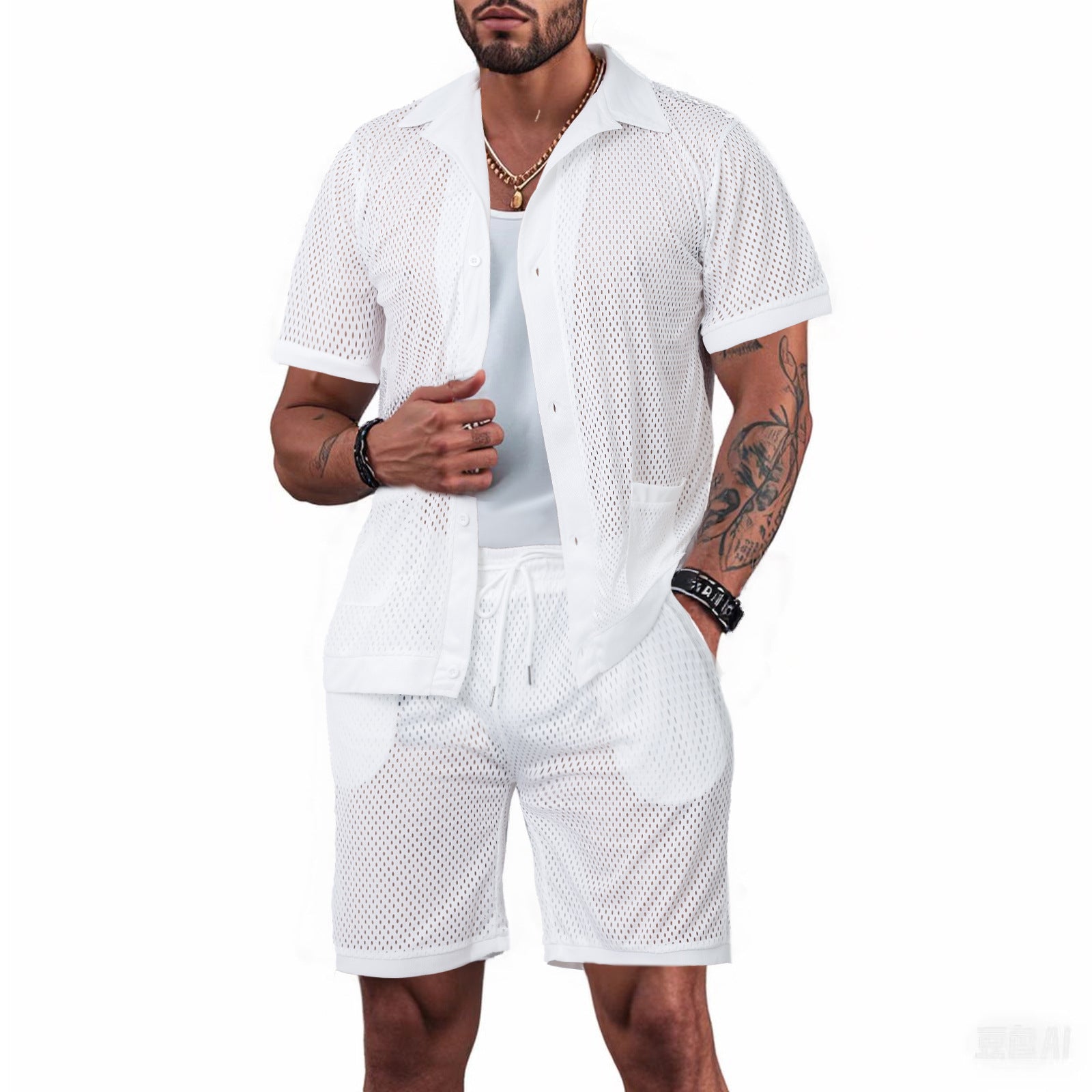 Men's solid color hollow shorts suit