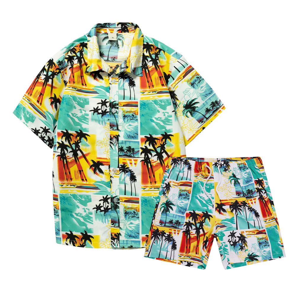 Men's Hawaiian Beach Floral Shirt and Shorts Two-Piece Set