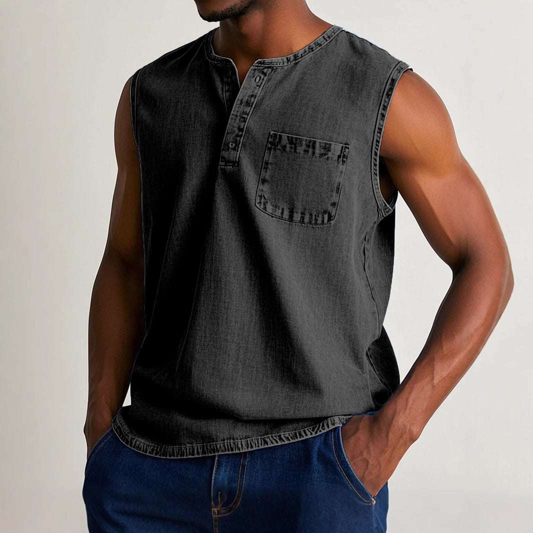 Men's solid color three-button sleeveless T-shirt