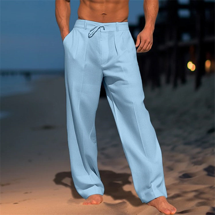 Men's solid color casual linen beach pants
