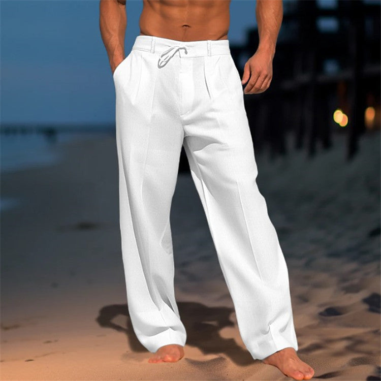 Men's solid color casual linen beach pants
