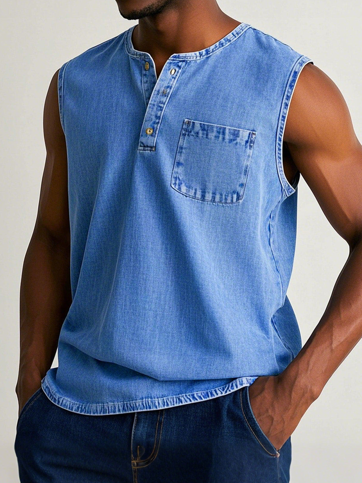 Men's solid color three-button sleeveless T-shirt