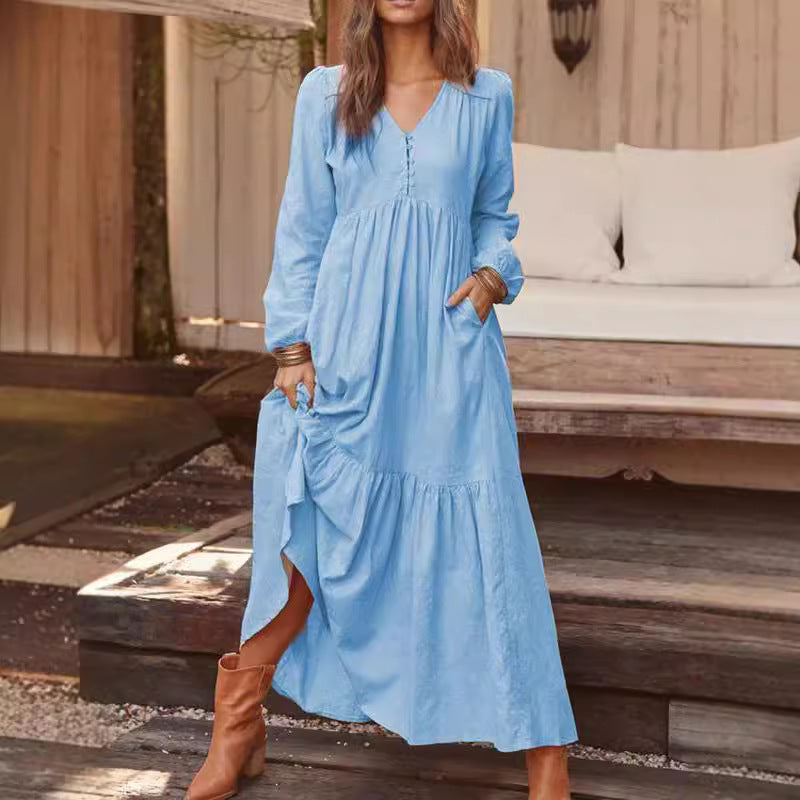 🔥This week's hot sale🔥Retro Cotton and Linen Casual Long-Sleeved Full Skirt Dress