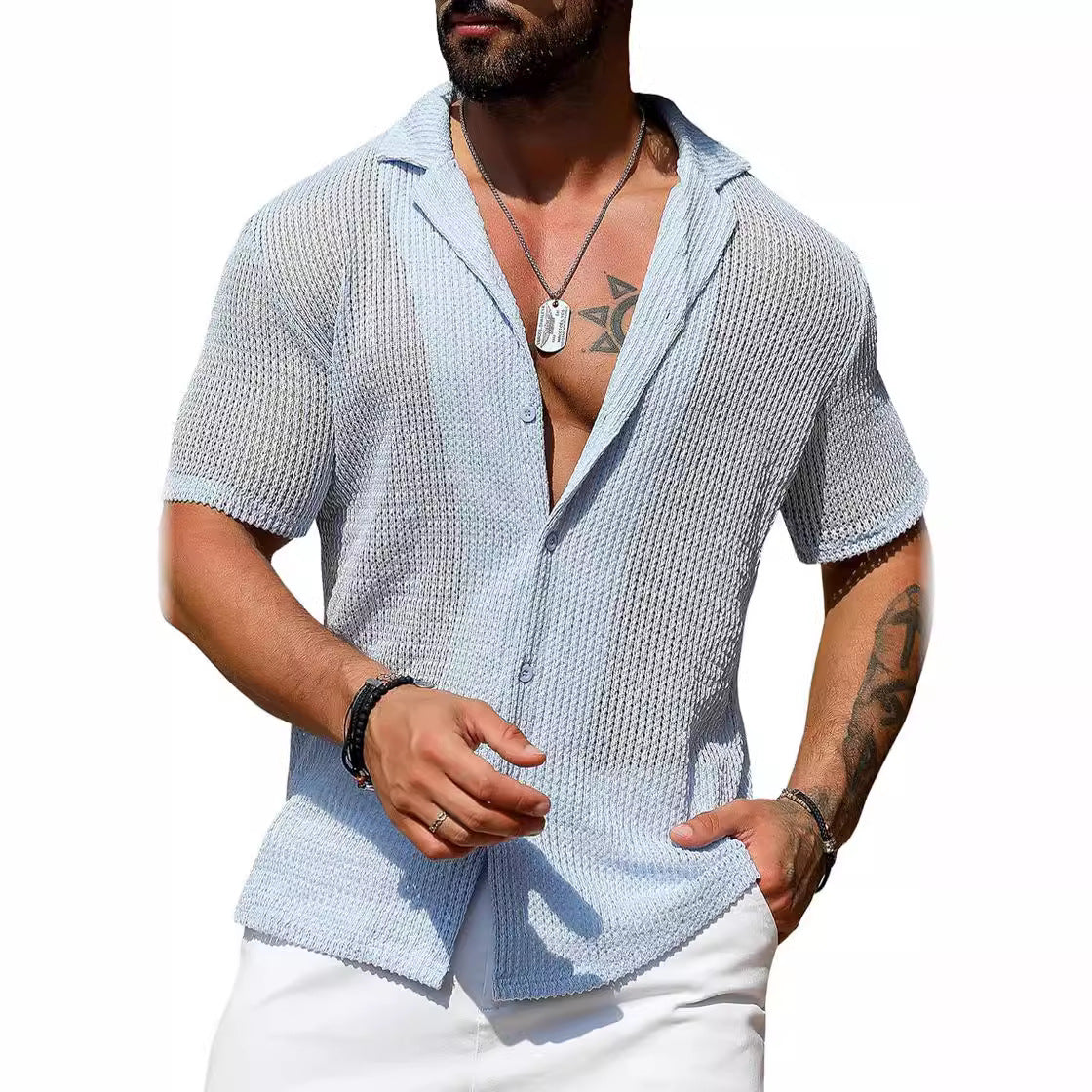 Men's solid color knitted shirt tops