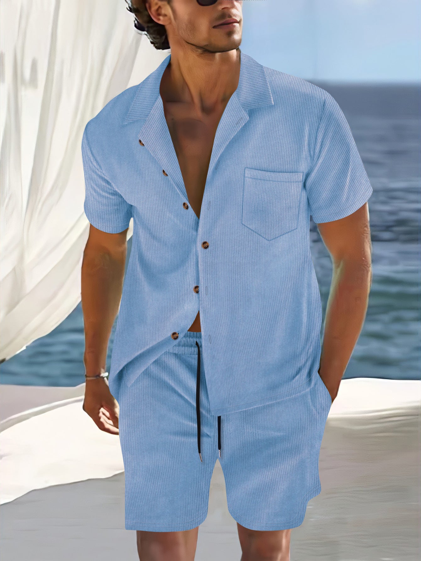 Men's summer solid color short-sleeved Cuban collar shirt suit