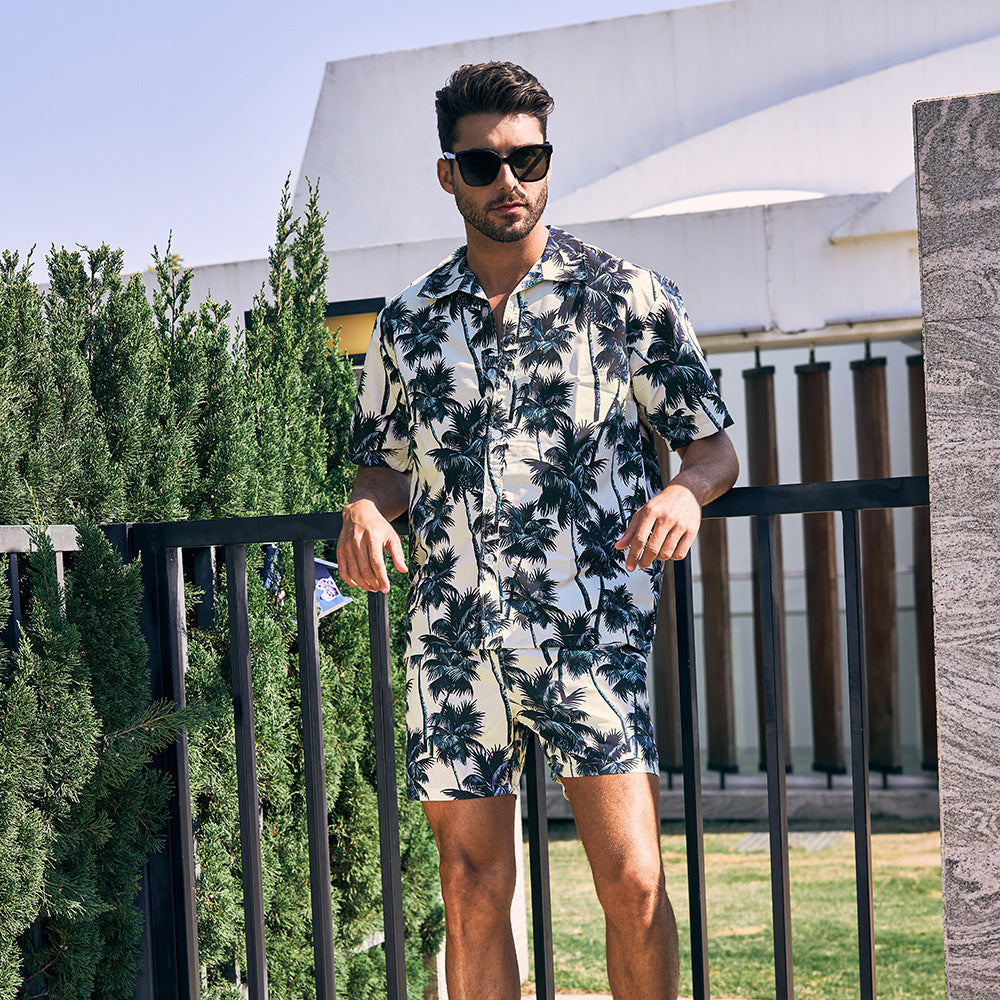 Men's Hawaiian Beach Floral Shirt and Shorts Two-Piece Set