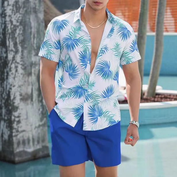 Men's Coconut Tree Print Beach Travel Shirt Shorts Set