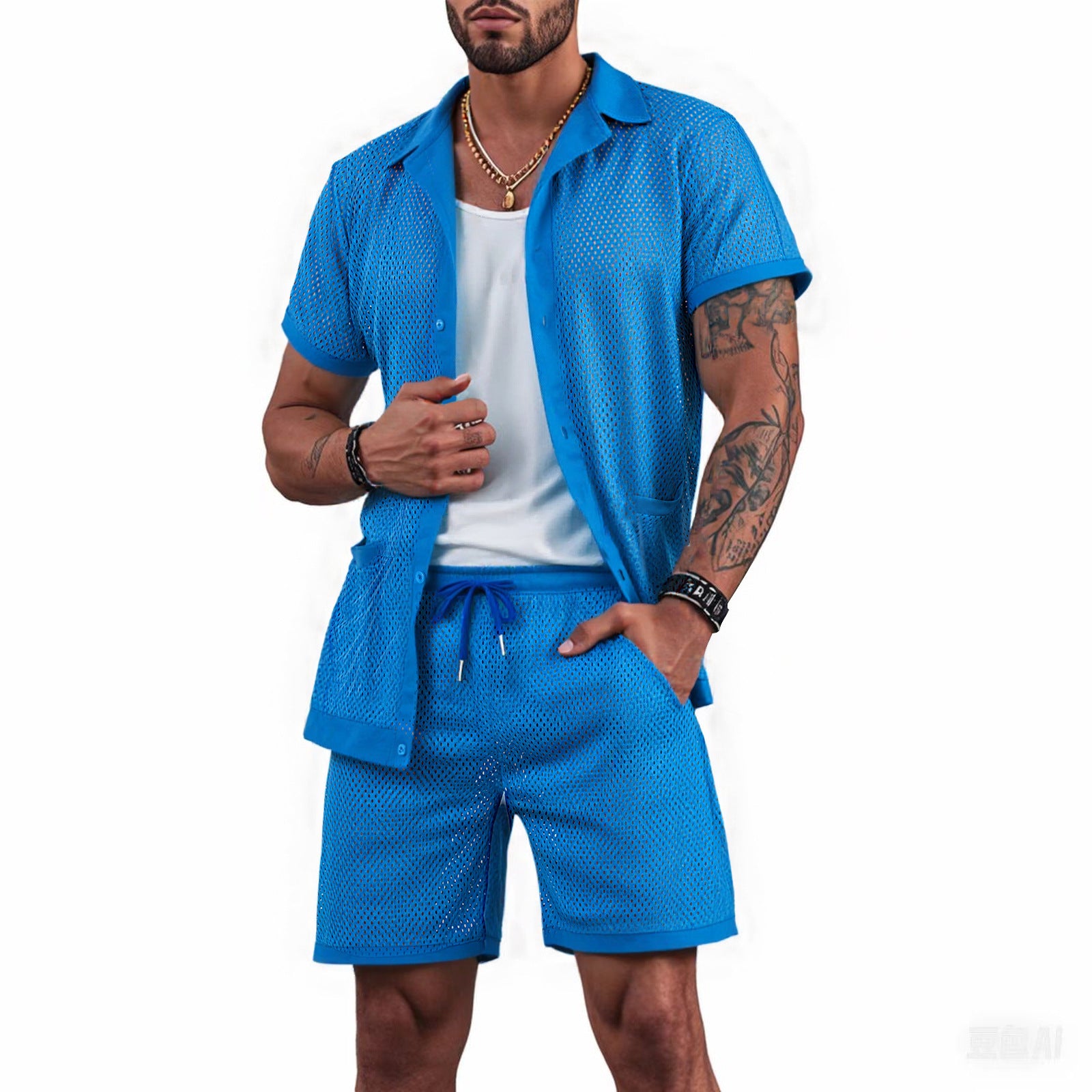 Men's solid color hollow shorts suit