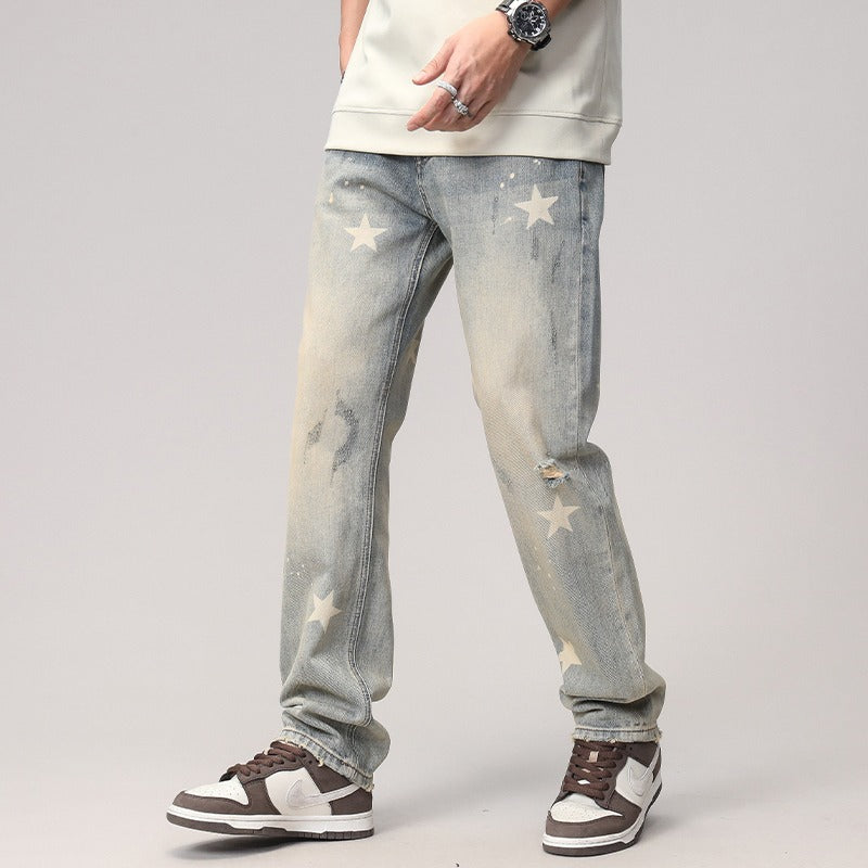 American high street yellow mud star print men's jeans