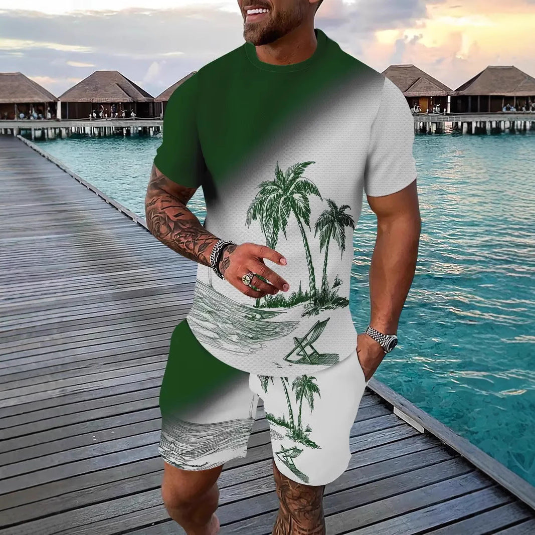Men's Casual Tropical Print T-Shirt and Shorts Set
