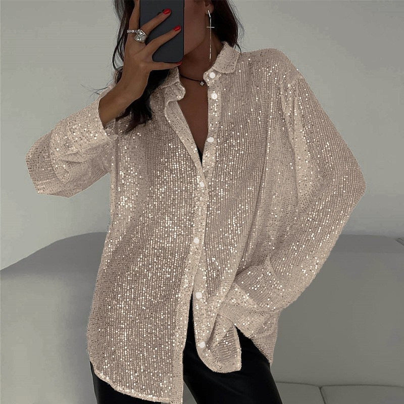 🔥This week's hot sale🔥Fashion Sequin Lapel Long Sleeve Loose Shirt