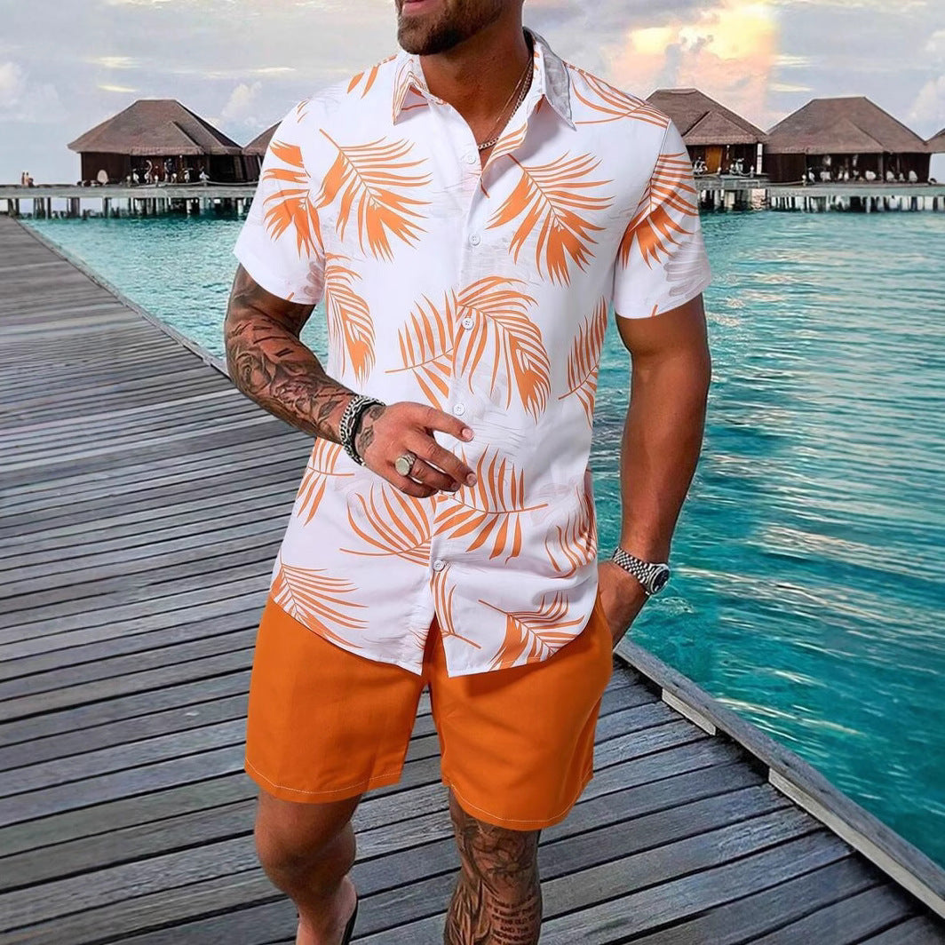 Men's Coconut Tree Print Beach Travel Shirt Shorts Set