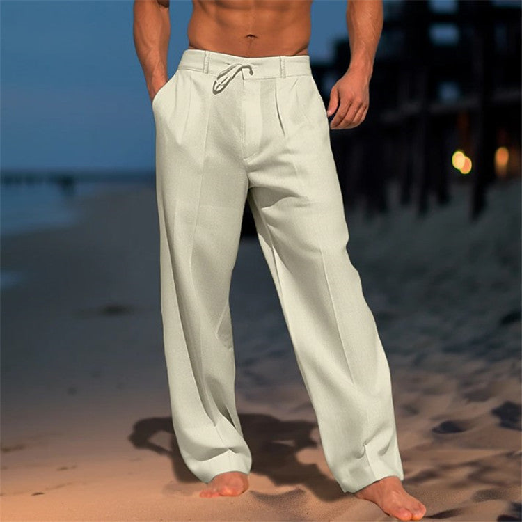 Men's solid color casual linen beach pants