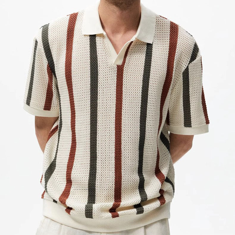 Men's hollow striped contrast color business T-shirt