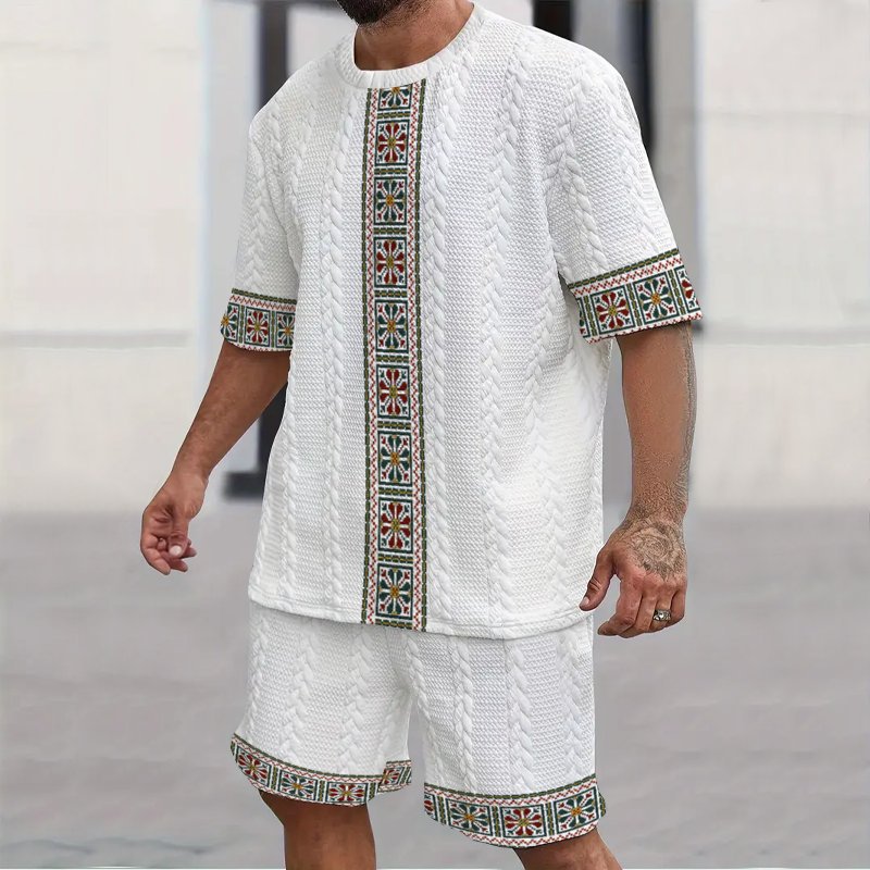 Men's Printed Round Neck Short Sleeve Casual Shorts Suit