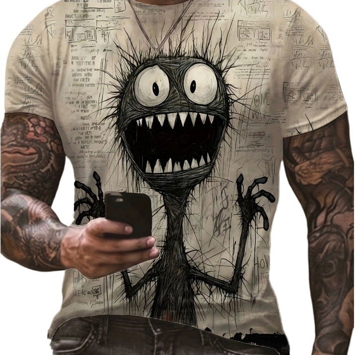 Men's dark horror skull print round neck T-shirt