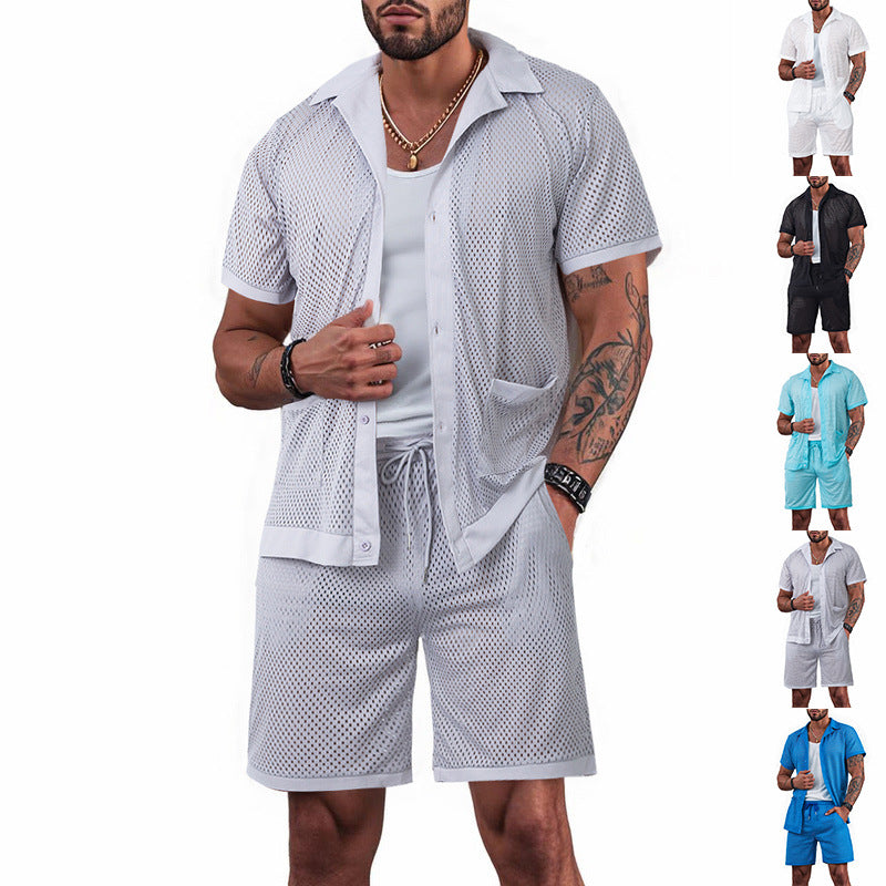 Men's solid color hollow shorts suit