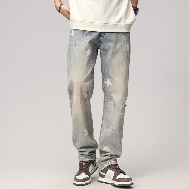 American high street yellow mud star print men's jeans