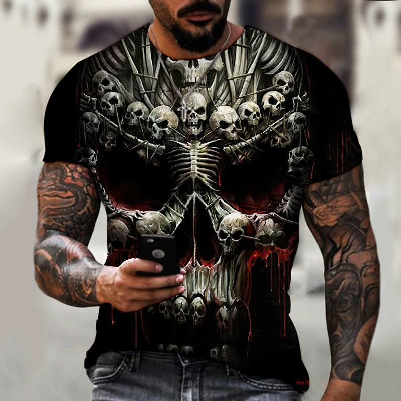 Men's dark horror skull print round neck T-shirt