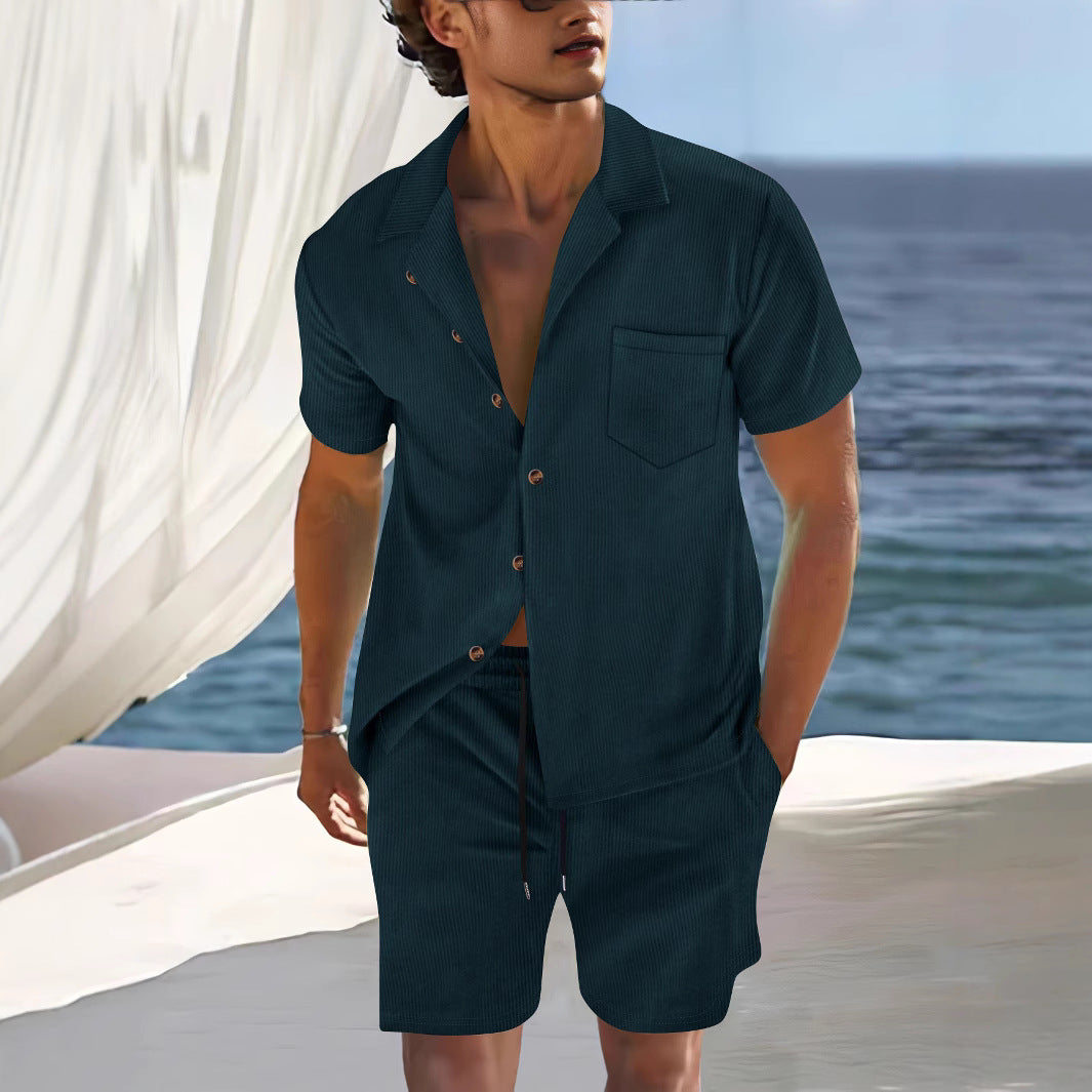 Men's summer solid color short-sleeved Cuban collar shirt suit