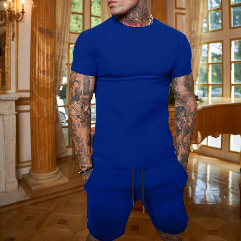 Men's summer solid color cotton round neck short sleeve shorts suit