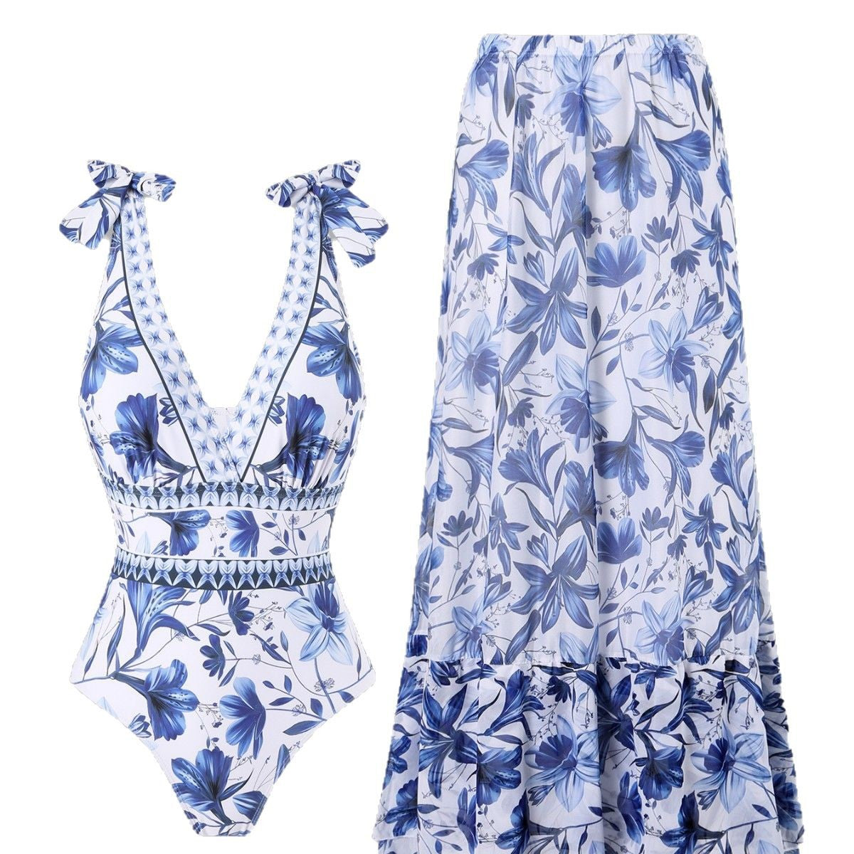 🔥This week's hot sale🔥 blue and white porcelain swimsuit wrap skirt suits