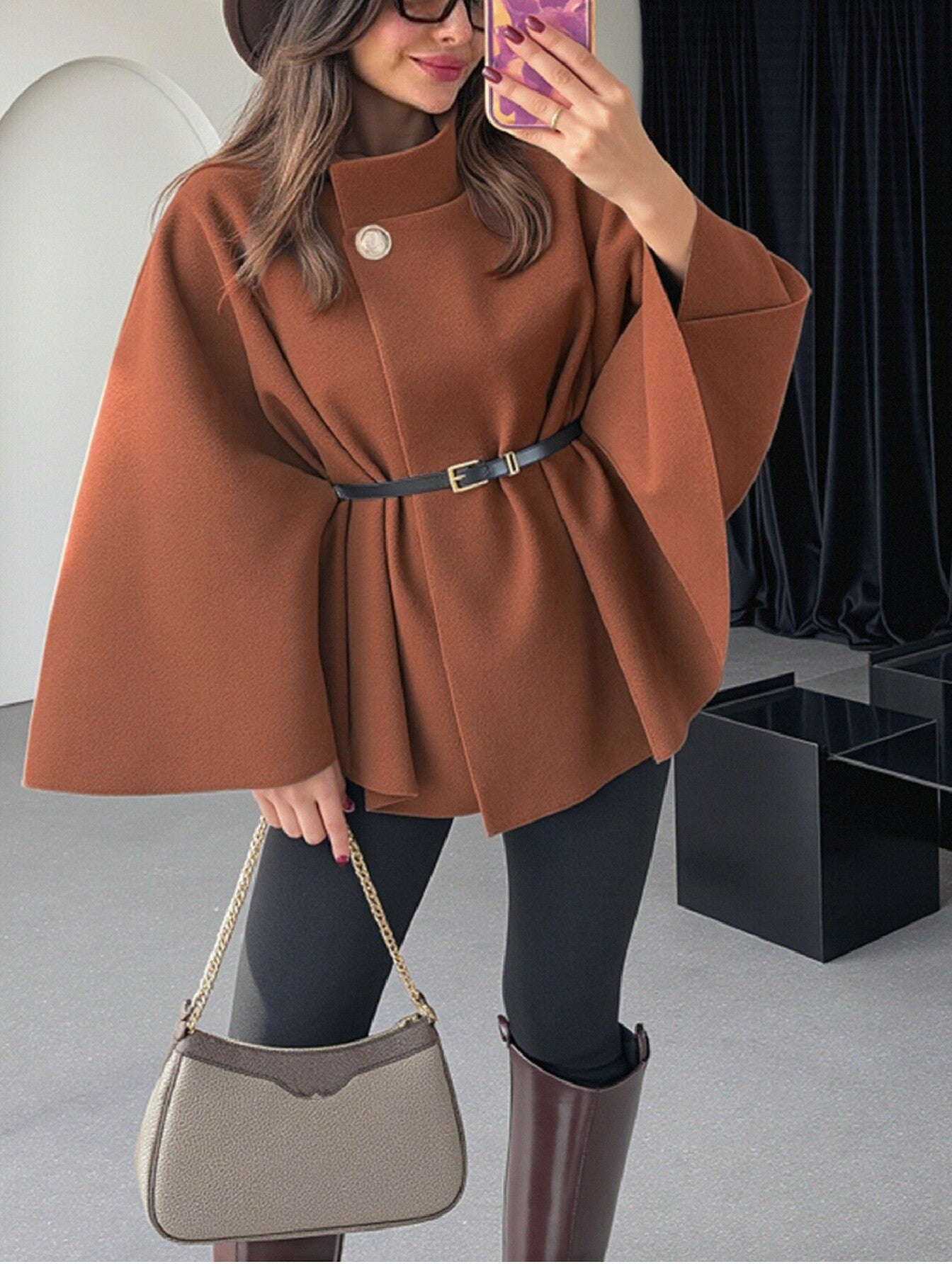🔥This week's hot sale🔥Elegant Solid Color Belted Wool Cape Jacket