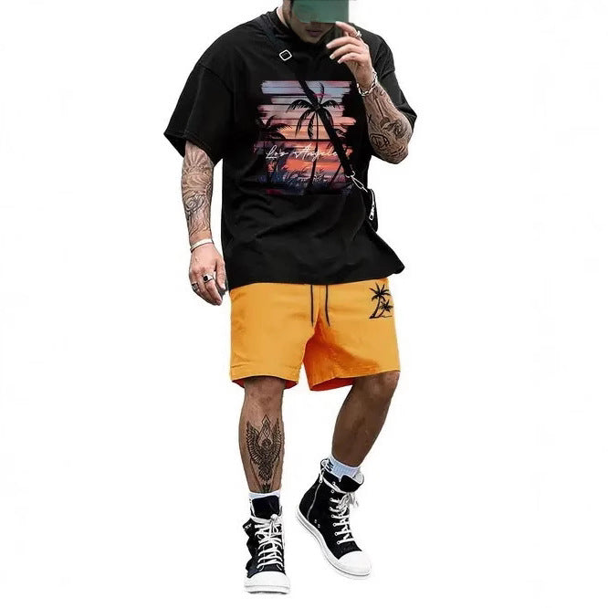 Men's Casual Tropical Print T-Shirt and Shorts Set