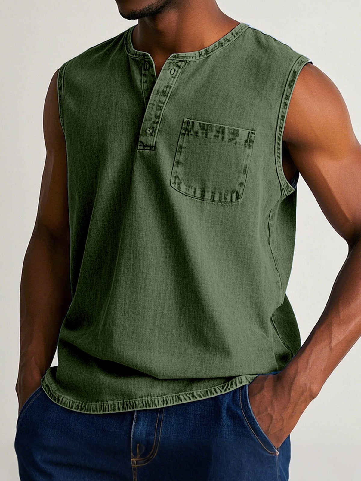 Men's solid color three-button sleeveless T-shirt