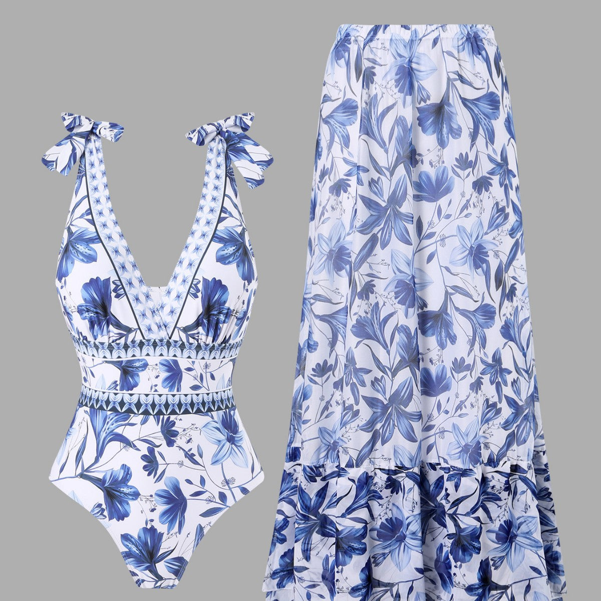 🔥This week's hot sale🔥 blue and white porcelain swimsuit wrap skirt suits