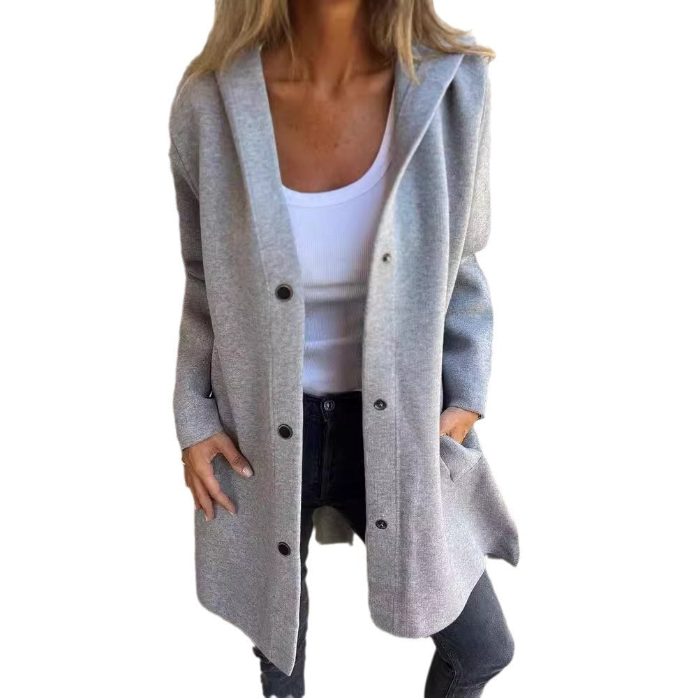 🔥This week's hot sale🔥Women's solid color casual single-breasted hooded jacket