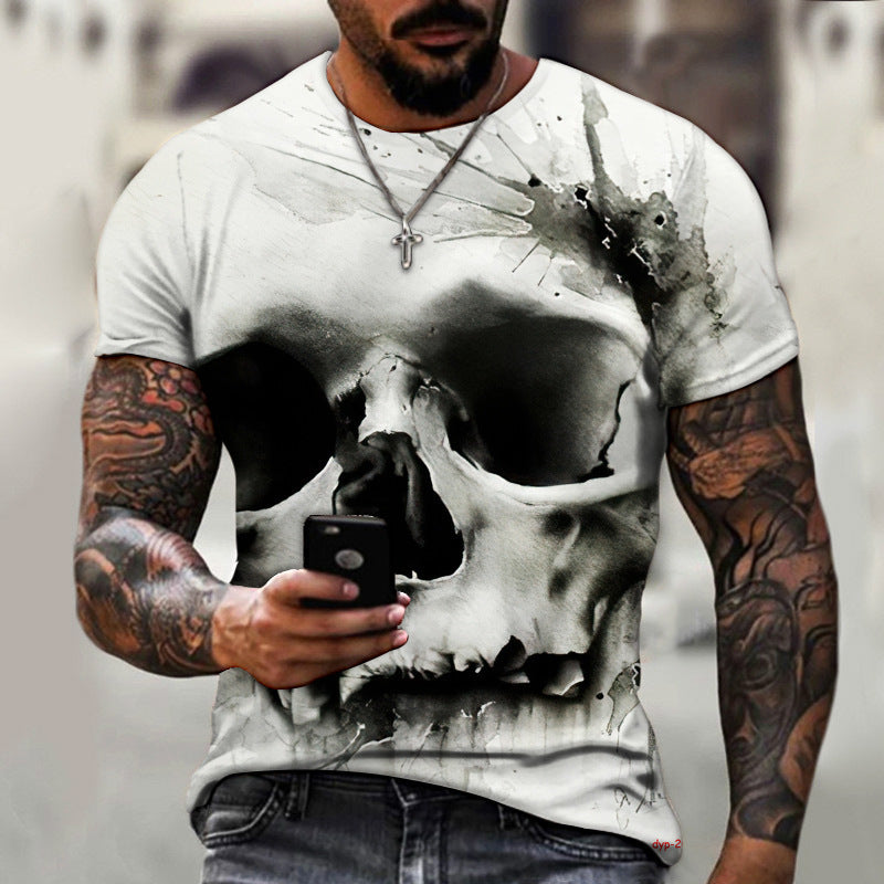 Men's dark horror skull print round neck T-shirt
