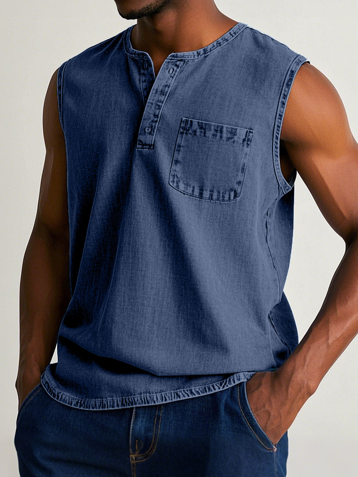 Men's solid color three-button sleeveless T-shirt